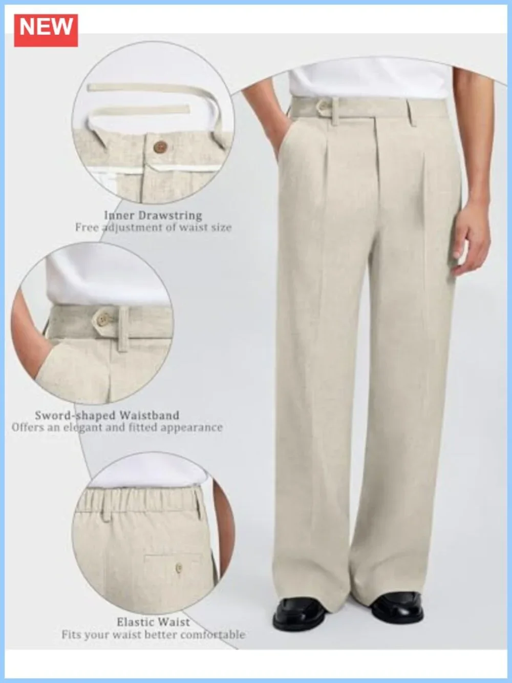 Mens Linen Blend Baggy Pleated Wide Leg Dress Pants Elastic Waist Lightweight